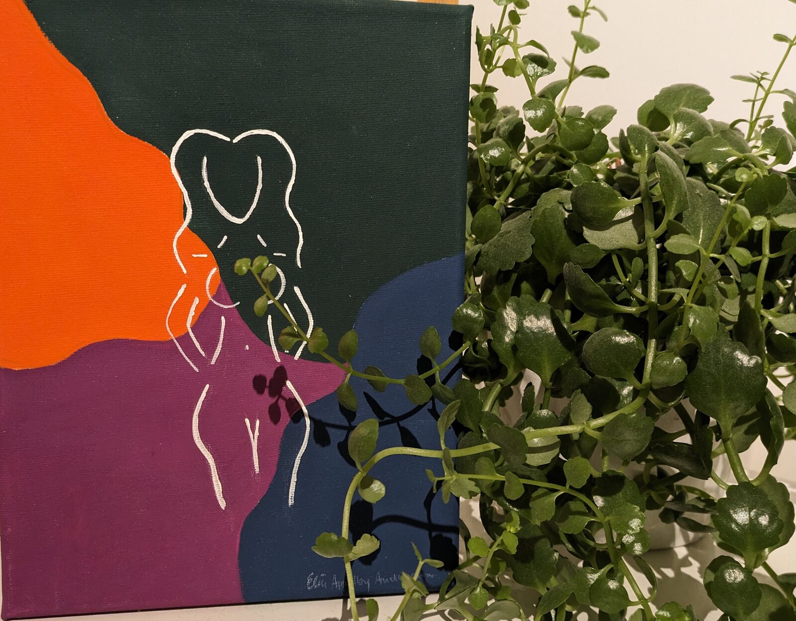 Abstrakt komposition i orange, svart, grönt och lila